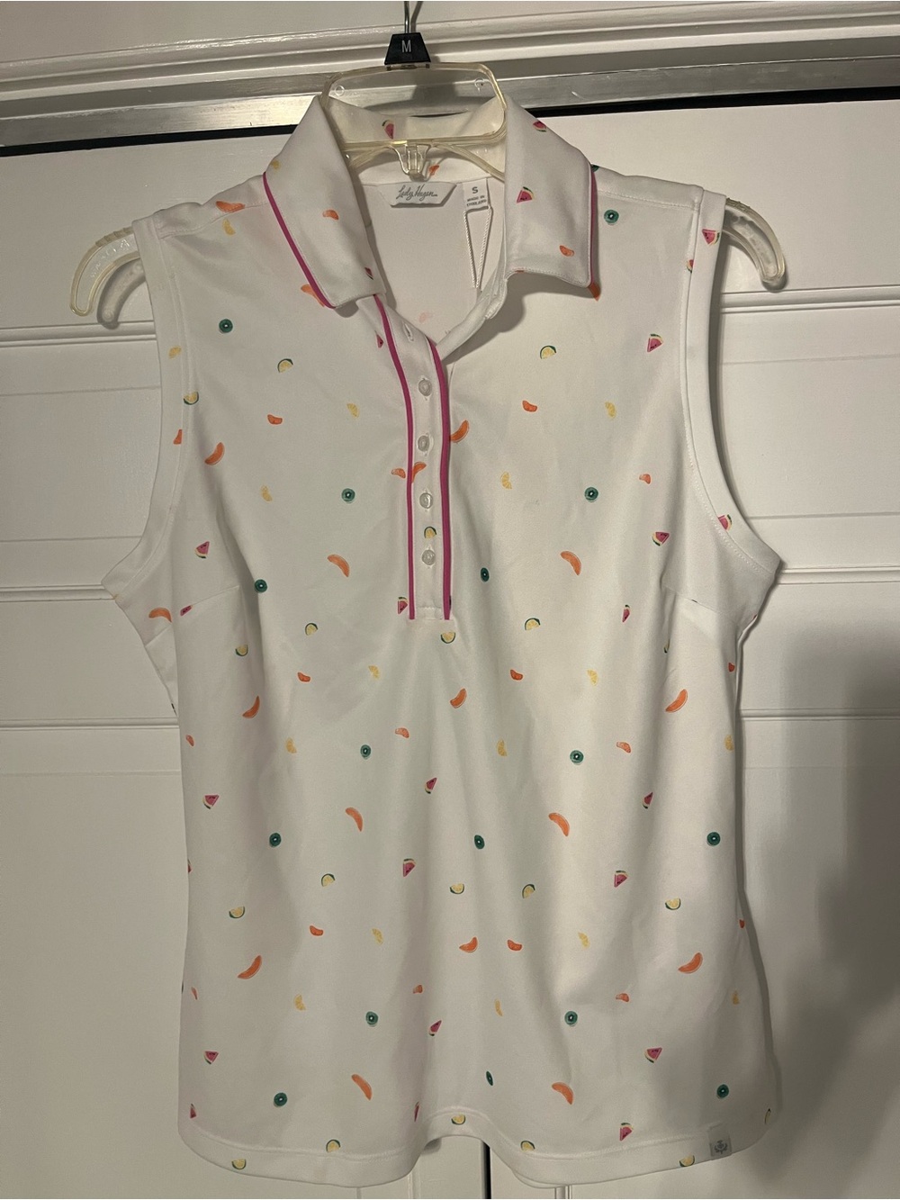 Lady Hagen White Sleeveless Polo with Multicolor Fruit Dots